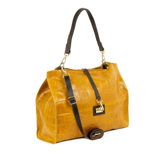 Geanta piele galben mustar cu imprimeu GF2154